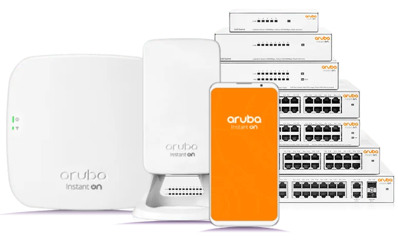 Product photo of the Aruba Instant On range, access points and switches managed from a mobile app.