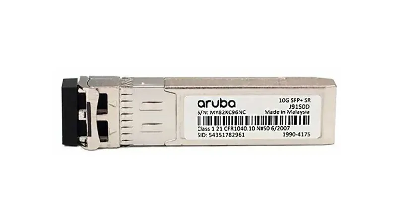Product photo of the Aruba J9150D 10 Gigabit SFP+ 10GBASE-SR transceiver.