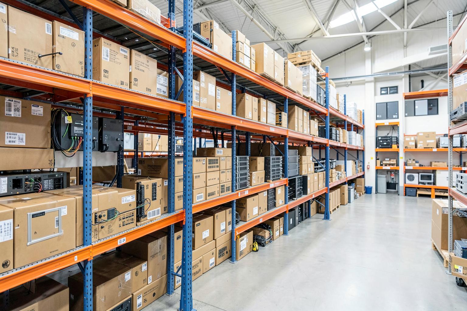 Warehouse aisle with racked IT equipment inventory
