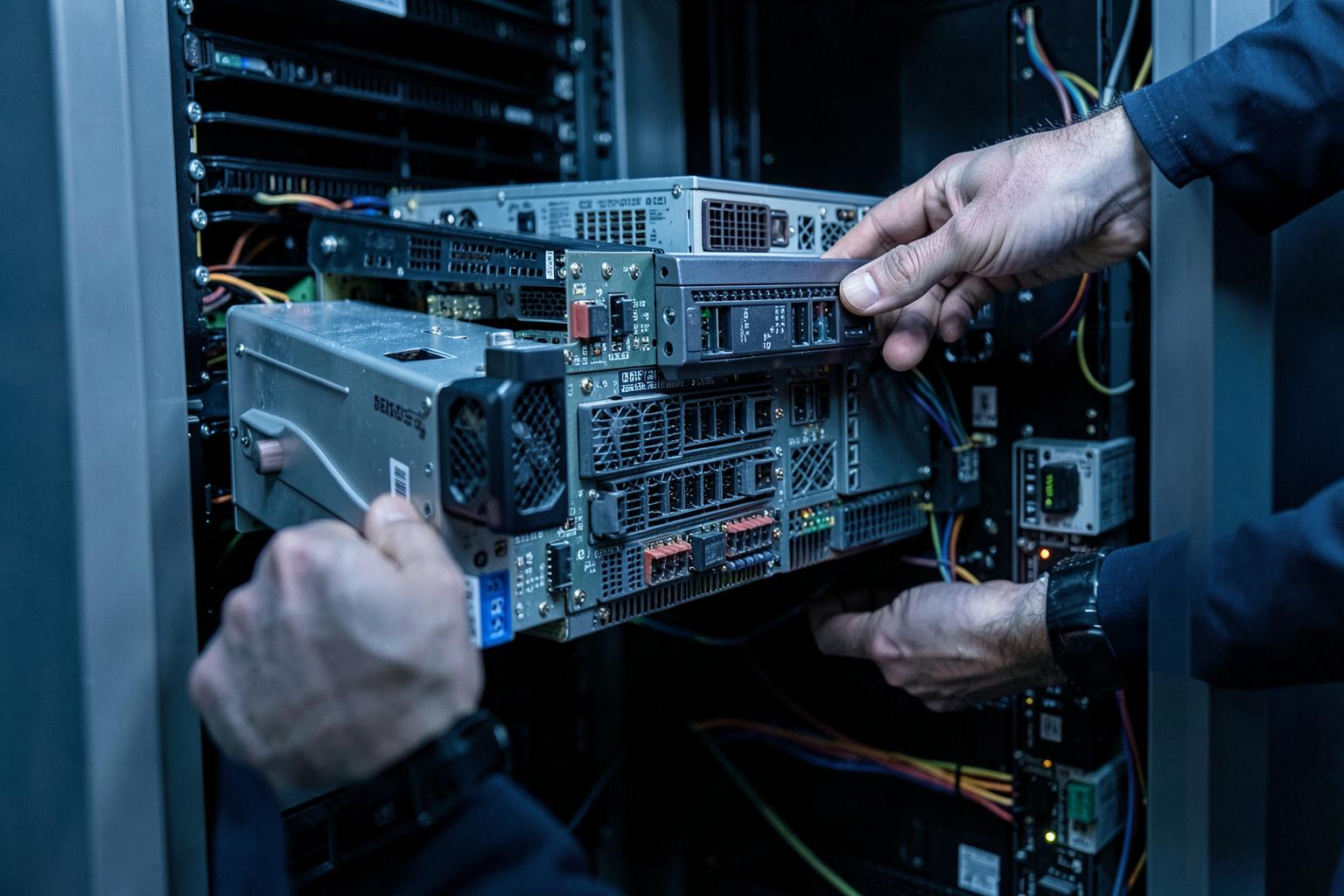 Rack server sliding out in a data center