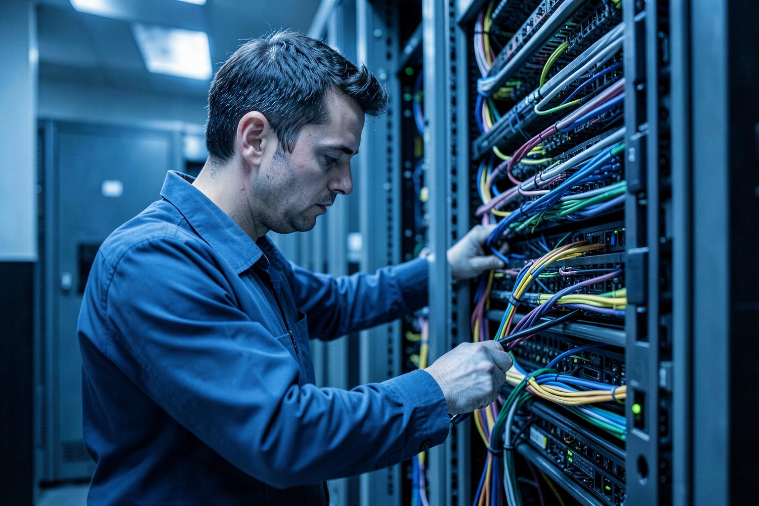 Technician managing cables in a server room
