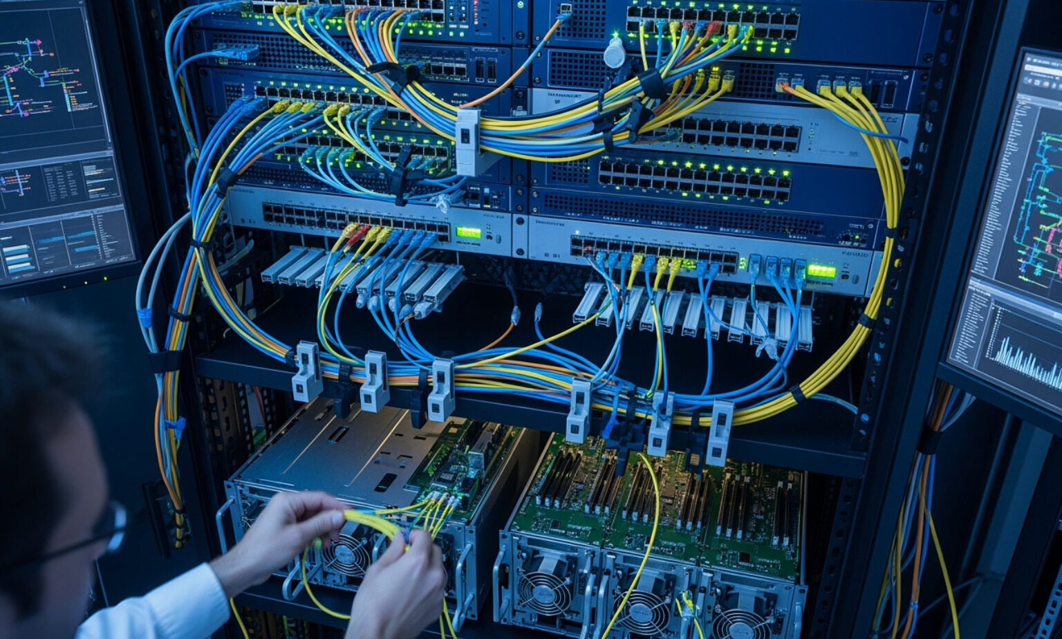Technician connecting fiber optic cables to network switches in a server rack, managing high-speed data center networking infrastructure