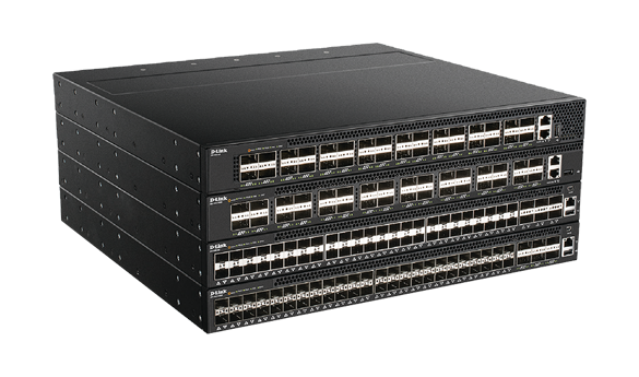 Stack of D-Link enterprise network switches with multiple Ethernet and uplink ports, designed for high-speed networking and scalable data center infrastructure
