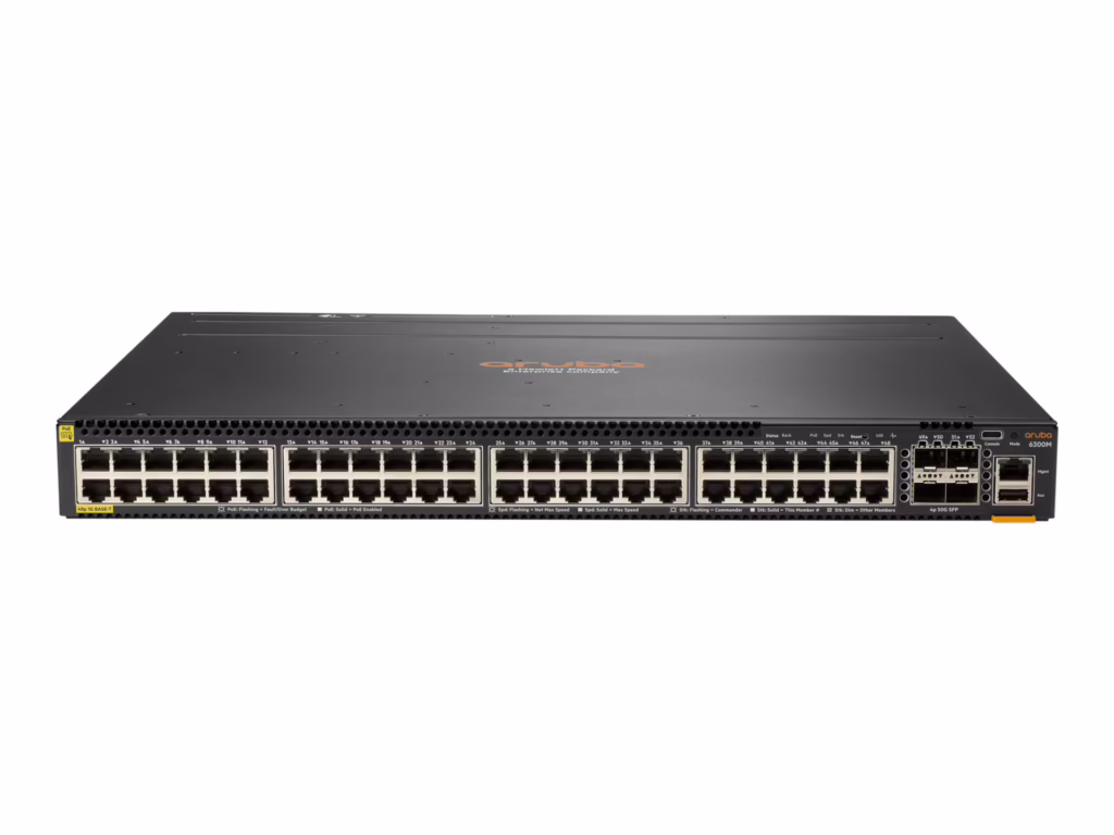 HPE Aruba network switch with multiple Ethernet ports and uplink interfaces, designed for high-speed enterprise networking and scalable data center connectivity