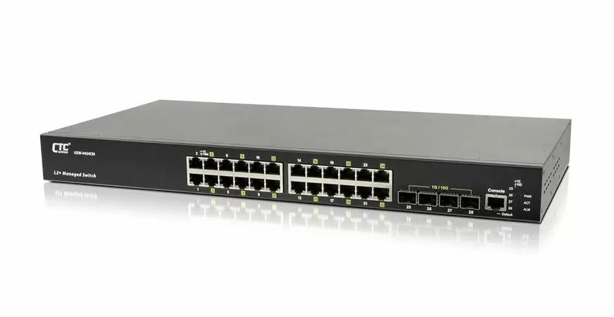 CTC Layer 2 managed network switch with multiple Ethernet ports and console interface, designed for efficient network management and reliable enterprise connectivity