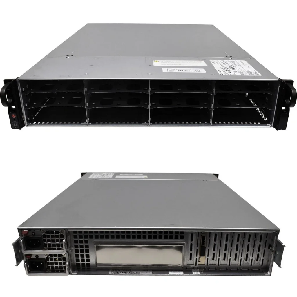 Rack-mounted server chassis with multiple empty drive bays and rear power supply units, designed for scalable enterprise data center infrastructure